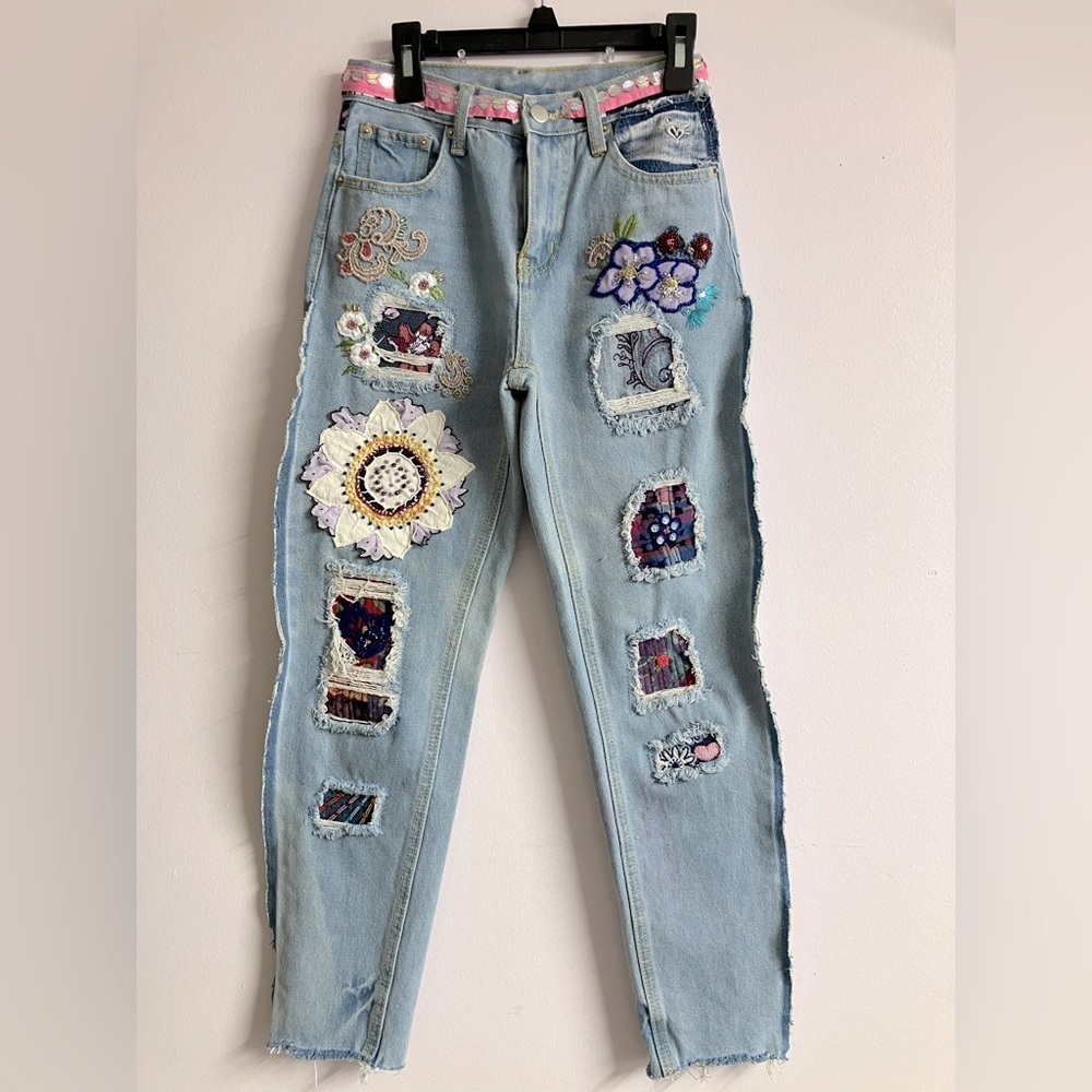 Distressed Embroidered Jeans, Small, 26 Waist, Handstitched/Artistic/Streetwear